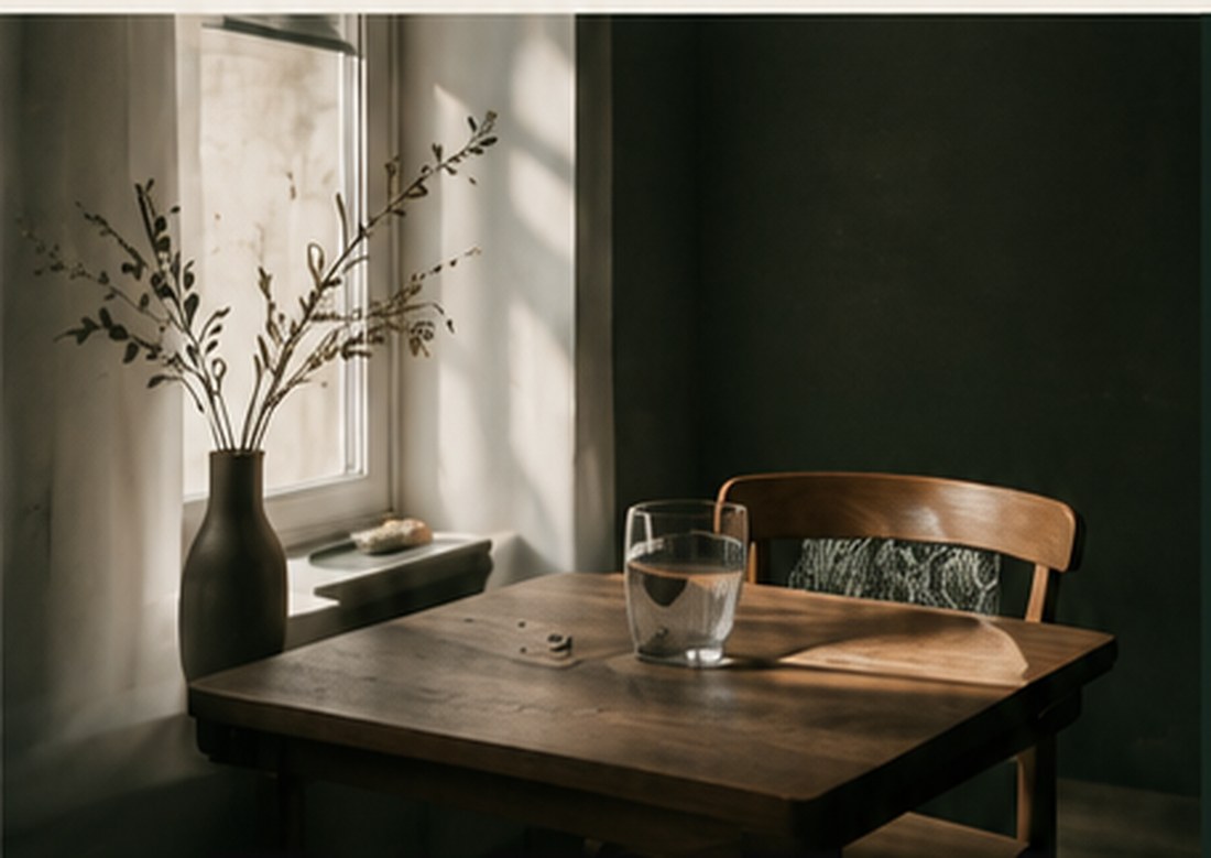 A quiet consultation room with a plain wooden table, a chair, a glass of water and daylight from a tall window.