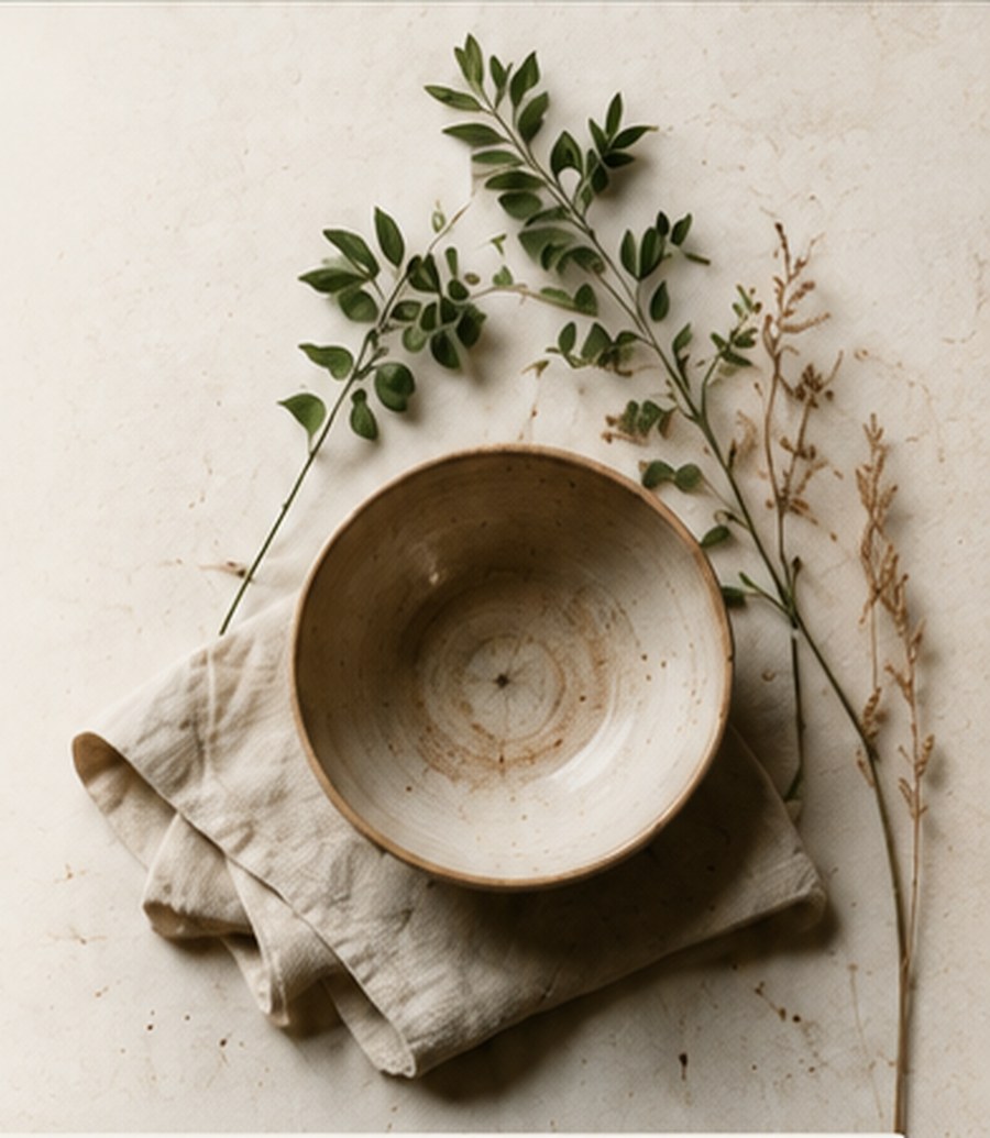 Overhead still life of a stoneware bowl on folded linen with sprigs of green foliage and dried grasses.